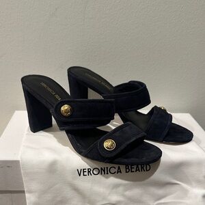 Veronica Beard Galea slide sandal in navy suede with gold details 6.5